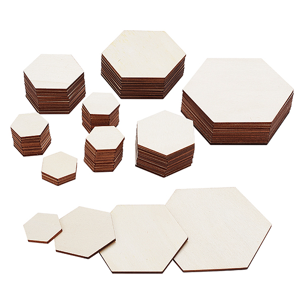 PandaHall 70 Pcs Unfinished Hexagon Wood Pieces, 4 Sizes Wood Slices Wooden Cutouts Ornaments Natural Wood Embellishments for Drawing Art...