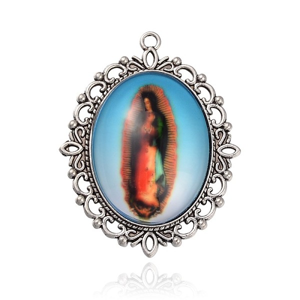 

PandaHall Antique Silver Plated Alloy Glass Human Photo Pendants, Oval Big Pendants, Colorful, 61x48x9mm, Hole: 3mm Alloy+Glass Oval