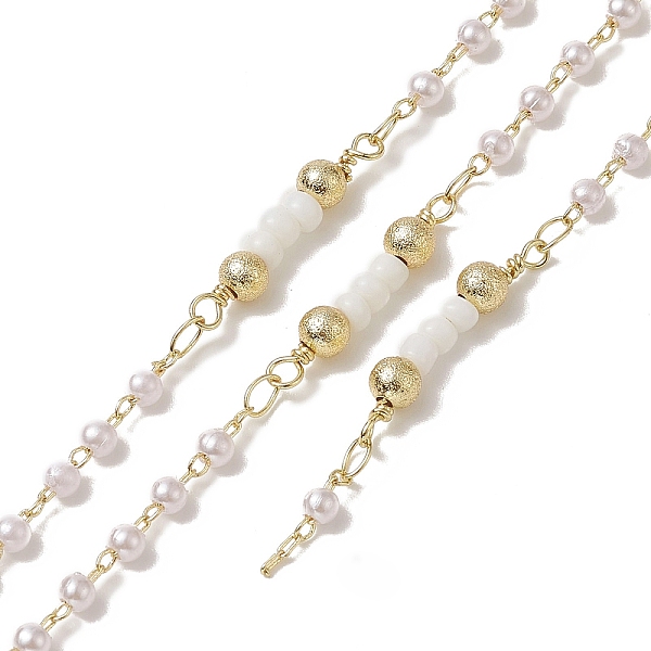 

PandaHall Rack Plating Brass Beaded Link Chains, with Plastic Pearl Beaded, Unwelded, with Card Paper, Golden, 21.5~23.5x4mm Brass White