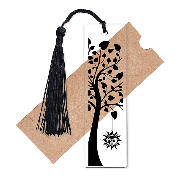 

PandaHall Acrylic Bookmarks, with Polyester Tassel Decorations, Rectangle Bookmarks, Tree Pattern, 118x35x2.5mm, Hole: 5mm Acrylic Tree