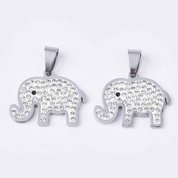 

PandaHall 201 Stainless Steel Pendants, with Random Size Snap On Bails and Polymer Clay Rhinestones, Elephant, Stainless Steel Color..., Clear