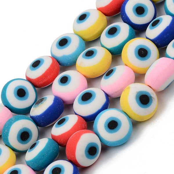 

PandaHall Handmade Polymer Clay Beads Strands, for DIY Jewelry Crafts Supplies, Flat Round with Evil Eye, Deep Sky Blue, 12x8~9mm, Hole...