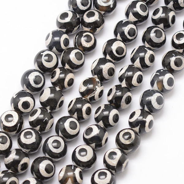

PandaHall Tibetan Style 3-Eye dZi Beads, Natural Agate Bead Strands, Round, Dyed & Heated, Black, 10mm, Hole: 1mm, about 18pcs/strand, 7.5...