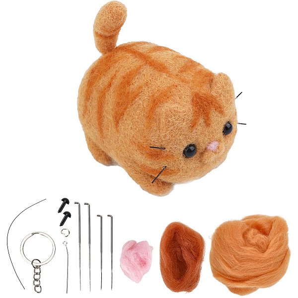 2 kit de feutrage à l'aiguille pour chat, y compris les instructions, mousse, aiguilles, laine, porte-clés, épingles à oeil, anneau de jonction, craie, Cabochon, couleur mixte, 115x85x28mm, laine : 3 couleurs, 2 pcs / couleur