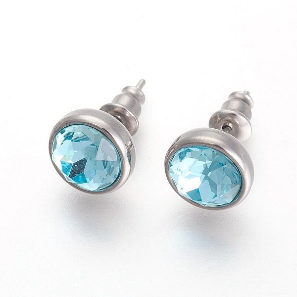 

PandaHall 304 Stainless Steel Stud Earrings, with Rhinestone, Flat Round, Aquamarine, 10x6mm, Pin: 0.9mm Rhinestone Cyan