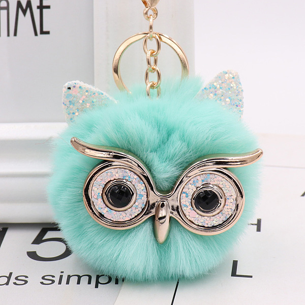 

PandaHall Pom Pom Ball Keychain, with KC Gold Tone Plated Alloy Lobster Claw Clasps, Iron Key Ring and Chain, Owl, Turquoise, 12cm Alloy Owl..., Green