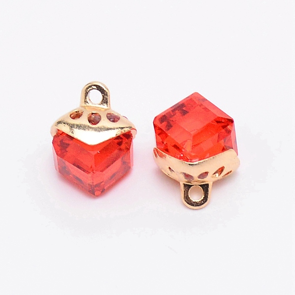 

PandaHall Glass Charms, with Alloy Finding, Cube, Padparadscha, 15x10x10mm, Hole: 1.6mm Alloy+Glass Cube Red