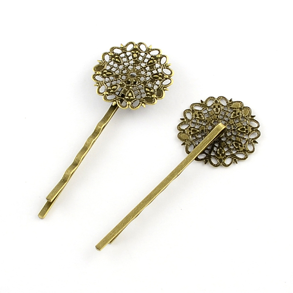 

PandaHall Filigree Flower Tray Vintage Iron Hair Bobby Pin Findings, Antique Bronze, Tray: 25x25mm, 67x25mm Iron
