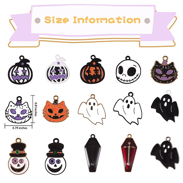 

PandaHall 30Pcs 15 Style Alloy Enamel Pendants, for Halloween, Ghost & Coffin & Pumpkin & Grimace & Skull, Mixed Color, 2pcs/style..., Multicolor
