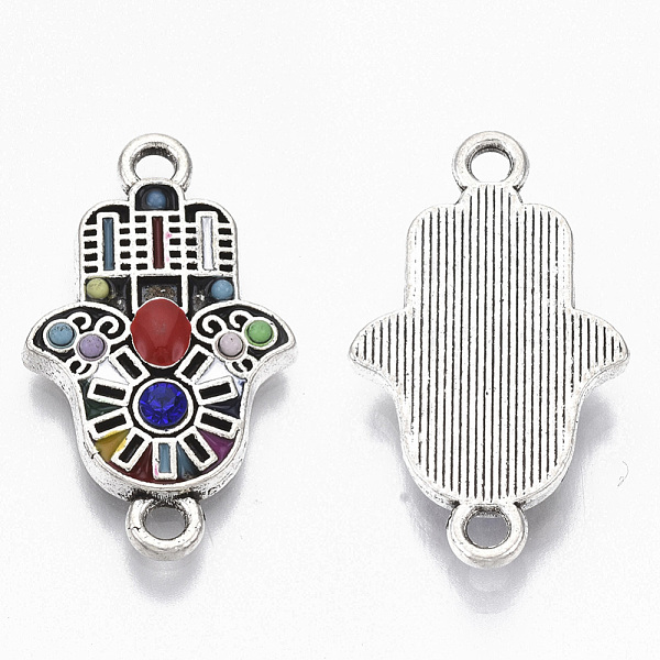 

PandaHall Alloy Enamel Links, with Colorful Resin and Rhinestone, Hamsa Hand/Hand of Fatima/Hand of Miriam, Antique Silver, 23.5x14x3mm..., Blue