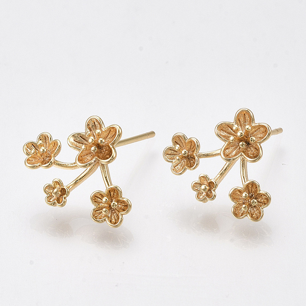 

PandaHall Brass Stud Earring Findings, with Loop, Flower, Nickel Free, Real 18K Gold Plated, 12x15mm, Hole: 0.8mm, Pin: 0.8mm Brass Flower
