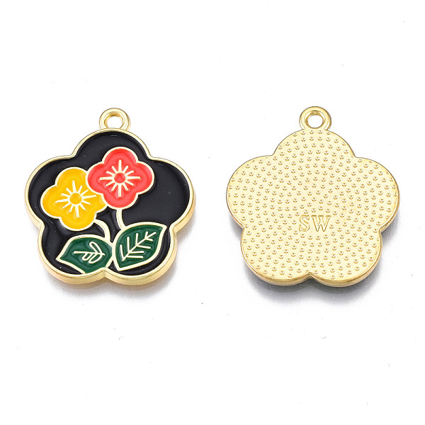 

PandaHall Rack Plating Alloy Enamel Pendants, Cadmium Free & Nickel Free & Lead Free, Light Gold, Flower in Flower, Black, 22x20x1.5mm, Hole...