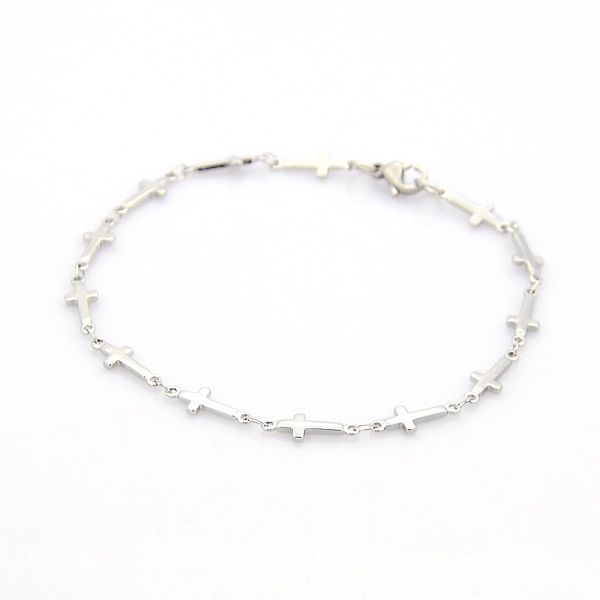 

PandaHall Religious Catholic Jewelry 304 Stainless Steel Cross Link Chain Bracelets, with Lobster Claw Clasps, Stainless Steel Color, 7-7/8...