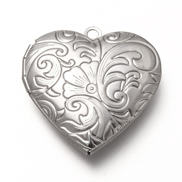

PandaHall 316 Stainless Steel Locket Pendants, Photo Frame Charms for Necklaces, Heart with Floral Pattern, Stainless Steel Color...