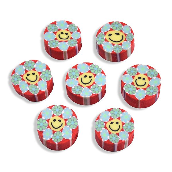 

PandaHall Handmade Polymer Clay Beads, Flat Round with Smiling Face & Flower, Red, 8.5~10x4.5mm, Hole: 1.5mm Polymer Clay Flat Round Red