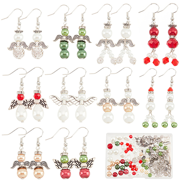 PandaHall SUNNYCLUE 1 Box DIY 10 Pairs Christmas Beads Adult Earring Making Kit Angel Wing Spacer Bead Xmas Red Green Round Beads Rhinestone...