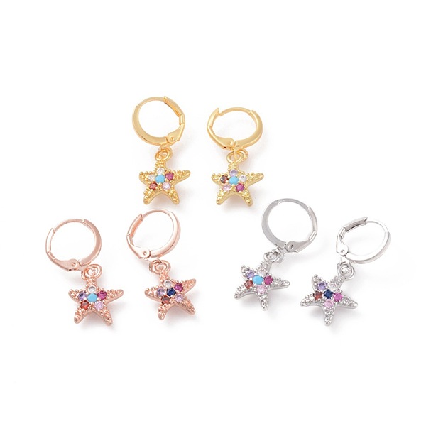 

PandaHall Brass Micro Pave Cubic Zirconia Dangle Hoop Earrings , Starfish/Sea Stars, Colorful, Mixed Color, 27.5mm, Pin: 0.9mm Cubic...