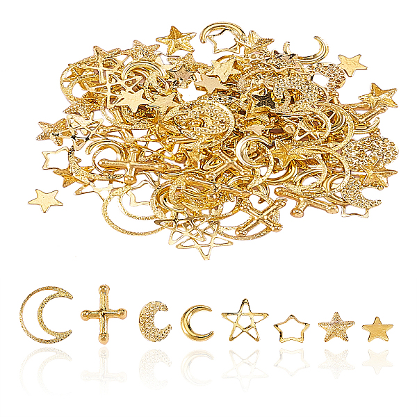 

PandaHall 160Pcs 8 Styles Brass & Alloy Material Cabochons, Moon & Stars, Golden, 3~8x3~8x0.3~1.1mm, 20pcs/style Alloy Moon