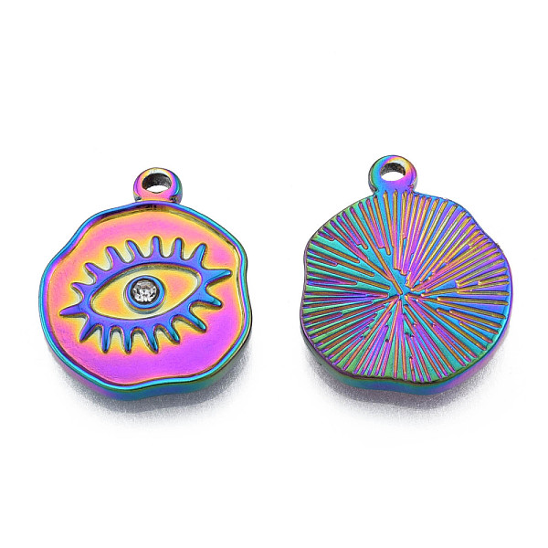 

PandaHall 304 Stainless Steel Pendants, with Crystal Rhinestone, Nuggets with Eye, Rainbow Color, 19x16x2.5mm, Hole: 1.2mm Stainless..., Clear