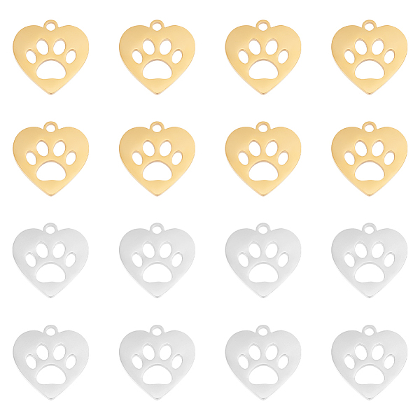 

PandaHall Unicraftale 20Pcs 2 Colors 201 Stainless Steel Charms, Laser Cut Pendants, Heart with Dog Paw Prints, Golden & Stainless Steel...