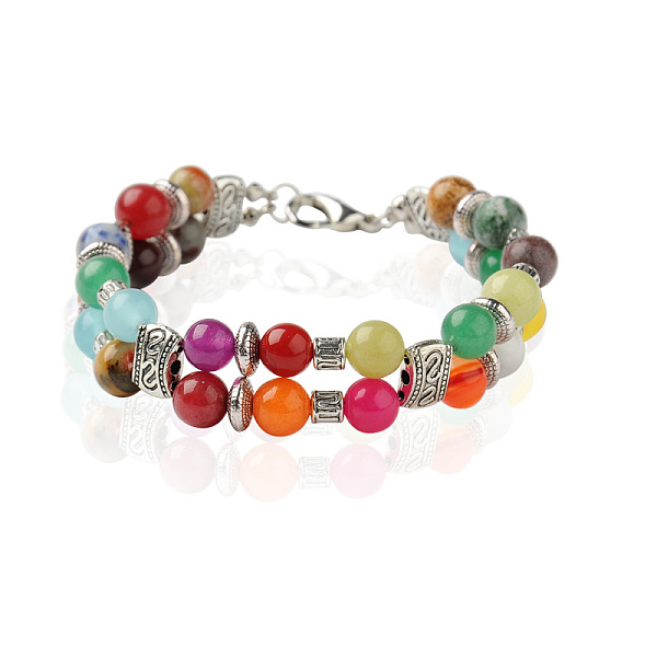 

PandaHall Girl's 2-Strand Gemstone Beads Chakra Bracelets, with Tibetan Style Beads and Alloy Lobster Claw Clasps, Colorful, 220mm Mixed...