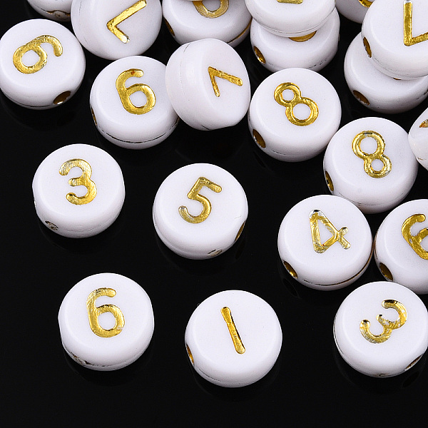 

PandaHall Plating Acrylic Beads, Golden Metal Enlaced, Flat Round with Number, White, Mixed, 7x4mm, Hole: 1.2mm, about 340pcs/50g. Acrylic...