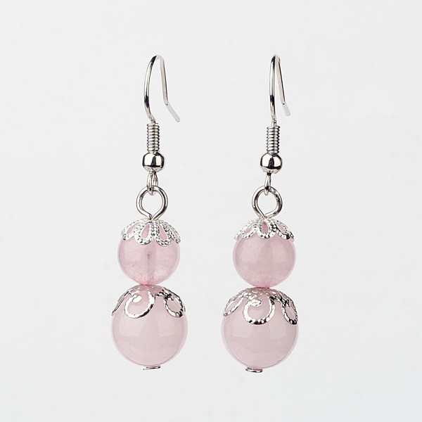 

PandaHall Rose Quartz Dangle Earrings, with Brass Bead Caps and Earring Hooks, Round, 41mm, Pin: 0.7mm Rose Quartz