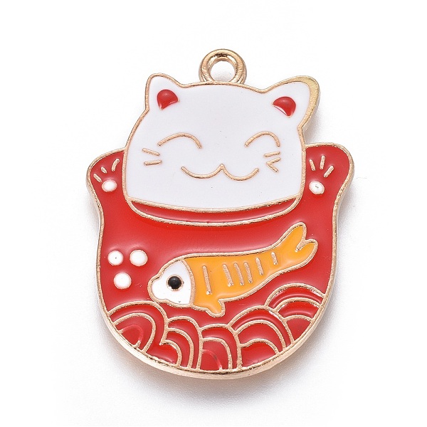 

PandaHall Alloy Enamel Lucky Kitten Pendants, Maneki Neko/Beckoning Cat with Fish Shape, Light Gold, Red, 32.5x25x2mm, Hole: 2mm...