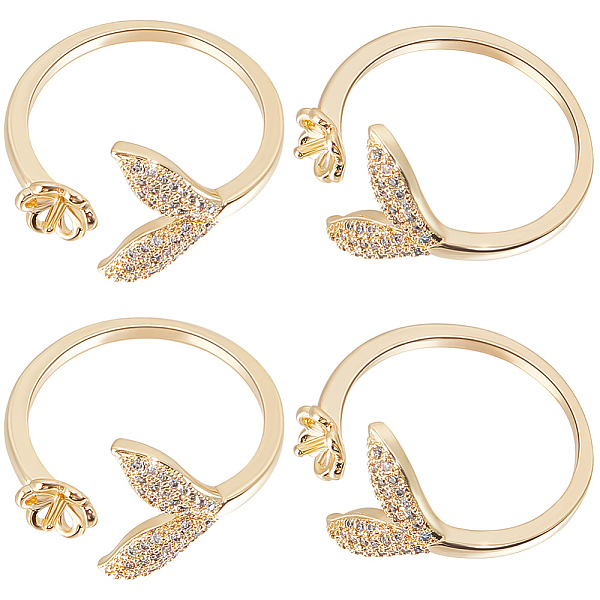 

PandaHall Beebeecraft 1 Box 4Pcs Ring Blank Bases 18K Gold Plated Cubic Zirconia Fish Tail Adjustable Finger Rings for Half Drilled Bead for...