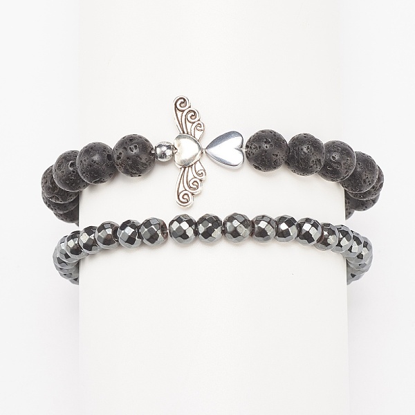 

PandaHall 2Pcs 2 Style Natural Lava Rock & Synthetic Hematite Stretch Bracelets Set with Alloy Wings, Essential Oil Gemstone Jewelry for...