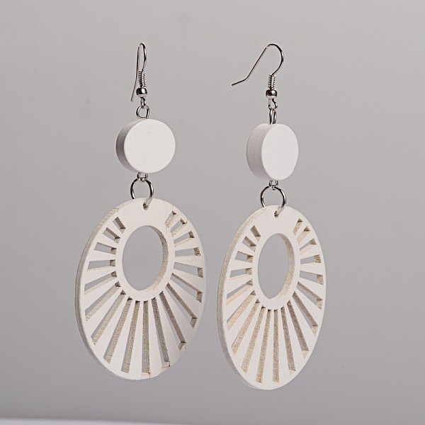 

PandaHall Trendy Flat Round Wood Dangle Earrings, with Platinum Plated Iron Earring Hooks, White, 90.5x49mm, Pin: 0.8mm Wood White