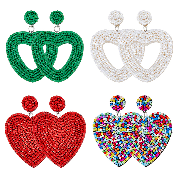 

PandaHall FIBLOOM 4 Pairs 4 Style Heart Glass Seed Beaded Dangle Stud Earrings, Mixed Color, 66x49mm, 1 pair/style Glass Heart Multicolor