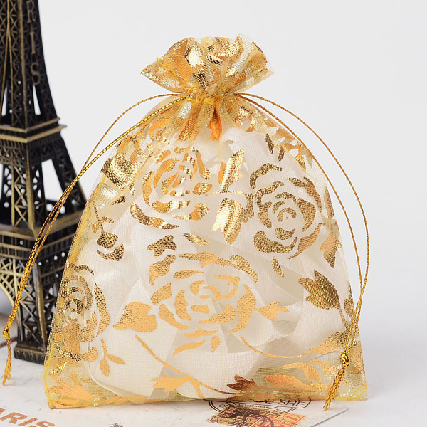 

PandaHall Rose Printed Organza Bags, Gift Bags, Rectangle, Goldenrod, 12x10cm Organza Flower Gold