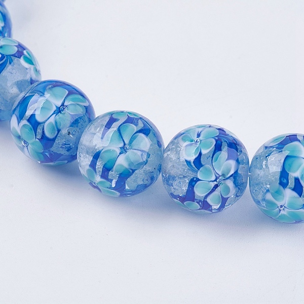 

PandaHall Handmade Lampwork Beads, Round with Flower, Light Blue, 14x13~14mm, Hole: 2mm Lampwork Round Blue
