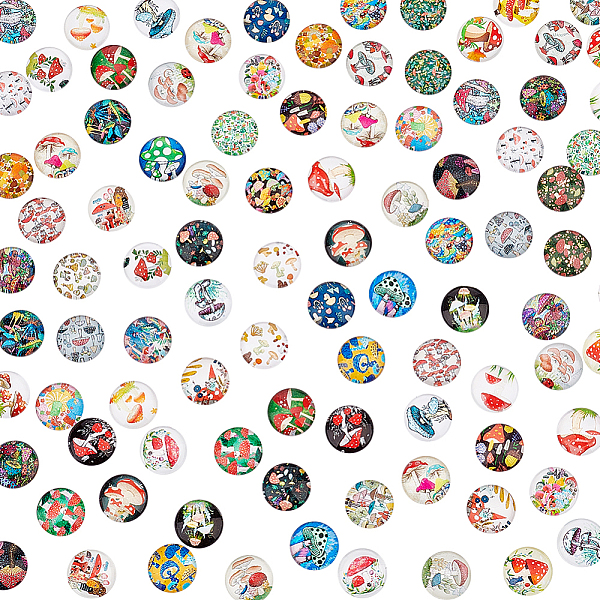 

PandaHall Glass Cabochons, Half Round/Dome, Mushroom Pattern, 12x4.8mm, about 100pcs/bag, 1 bag/box Glass Mushroom Multicolor