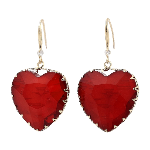 

PandaHall Glass Heart Dangle Earrings, Light Gold Brass Earrings, Red, 49x28mm Glass Heart Red