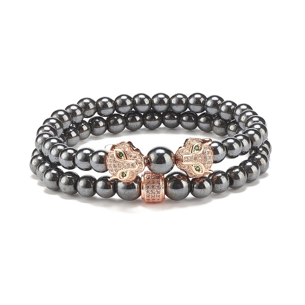 

PandaHall 2Pcs 2 Style Synthetic Hematite Stretch Bracelets Sets, Leopard & Column Brass Beads Bracelets with Cubic Zirconia for Women, Rose...