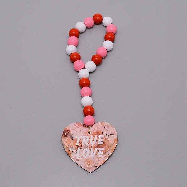 

PandaHall Valentine's Day Theme Schima Wood Beads Pendants Decorations, with Heart & Word TRUE LOVE, Pink, 260mm Wood Flower Pink