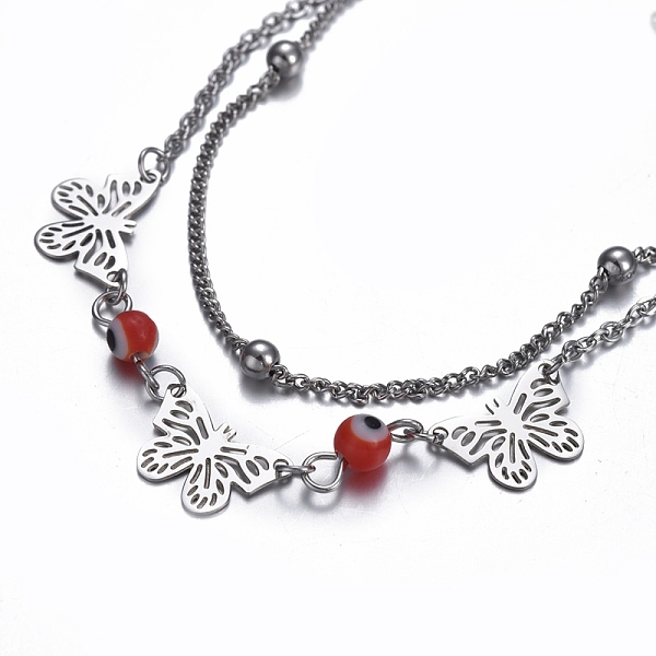 

PandaHall 304 Stainless Steel Multi-strand Bracelets, with Round Lampwork Beads and Lobster Claw Clasps, Butterfly, Stainless Steel Color...