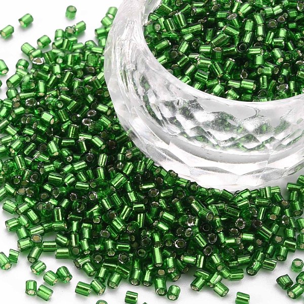 

PandaHall Glass Bugle Beads, Silver Lined, Green, 1.8~2.2x1.8~2mm, Hole: 0.8~0.9mm, about 15000pcs/pound Glass Green
