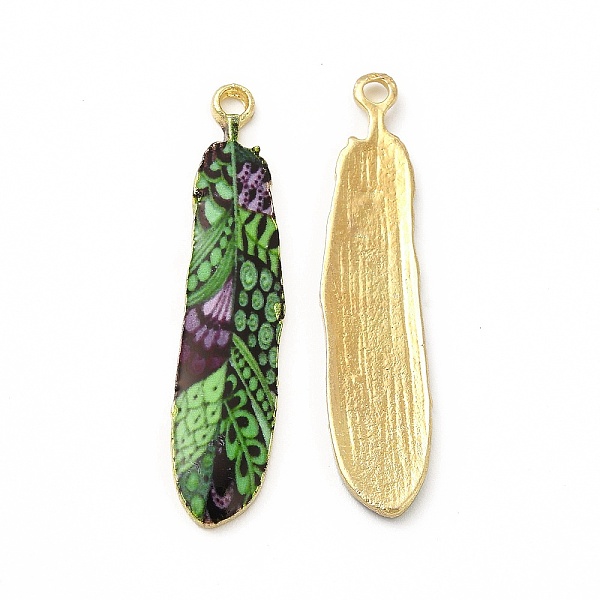 

PandaHall Rack Plating Alloy Pendants, Printed, Lead Free & Cadmium Free & Nickel Free, Feather Charm, Light Gold, Sea Green, 36.5x8x1.5mm...