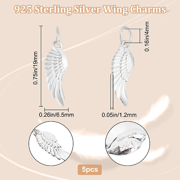 

PandaHall Beebeecraft 5Pcs 925 Sterling Silver Pendants, with Jump Rings, Wing Charms, Silver, 19x6.5x1.2mm, Hole: 4mm Sterling Silver Wing