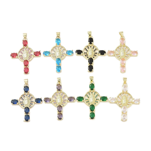 

PandaHall Real 18K Gold Plated Brass Micro Pave Cubic Zirconia Pendants, with Glass, Cross with Round, Mixed Color, 39.5x30x5mm, Hole..., Multicolor