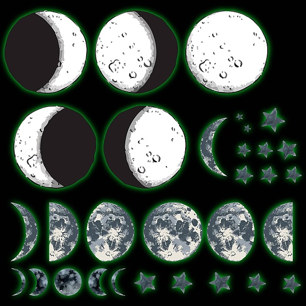 

PandaHall PVC Plastic Luminous Wall Stickers, Glow in The Dark Wall Decoration, Moon Pattern, 600x300mm Plastic Moon Black