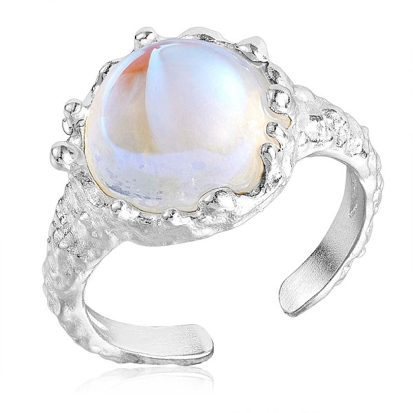 

PandaHall 925 Sterling Silver Open Cuff Ring, Moonstone Half Round Finger Ring for Women, Silver, US Size 4 1/4(15mm) Sterling Silver
