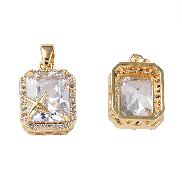 

PandaHall Brass Inlaid Cubic Zirconia Charms, with Brass Snap on Bails, Real 18K Gold Plated, Nickel Free, Rectangle with Star, Clear...