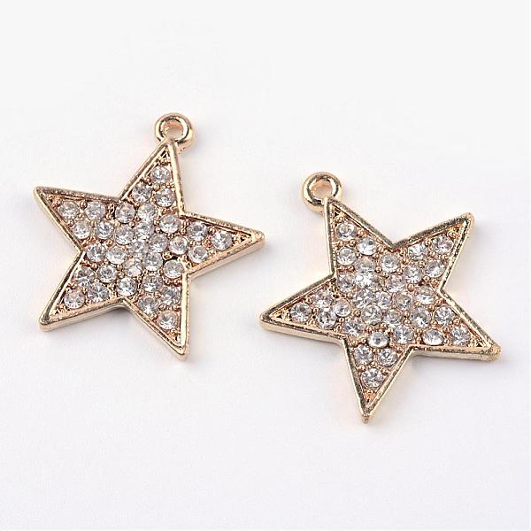 

PandaHall Alloy Rhinestone Pendants, Star, Light Gold, 26x24x2.5mm, Hole: 2mm Alloy+Rhinestone Star Clear