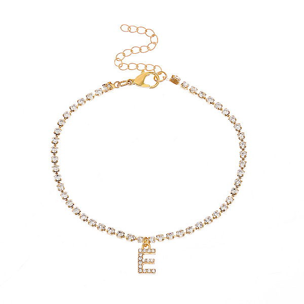 

PandaHall Fashionable and Creative Rhinestone Anklet Bracelets, English Letter E Hip-hop Creative Beach Anklet for Women, Golden Alloy