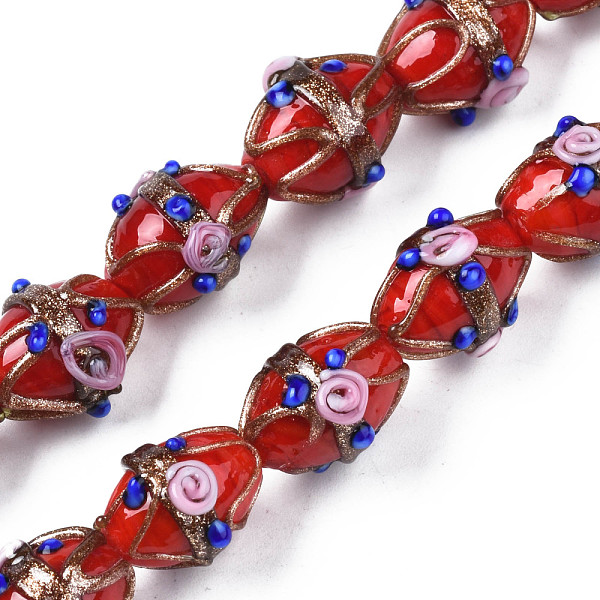 

PandaHall Handmade Gold Sand Lampwork Beads Strands, Ovald with Flower, Red, 16~17x13~15x12~13mm, Hole: 1.4~1.8mm, about 30pcs/strand, 19.69...