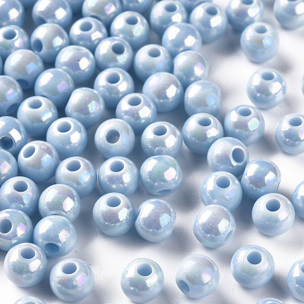 

PandaHall Opaque Acrylic Beads, AB Color Plated, Round, Light Sky Blue, 6x5mm, Hole: 1.8mm, about 4400pcs/500g Acrylic Round